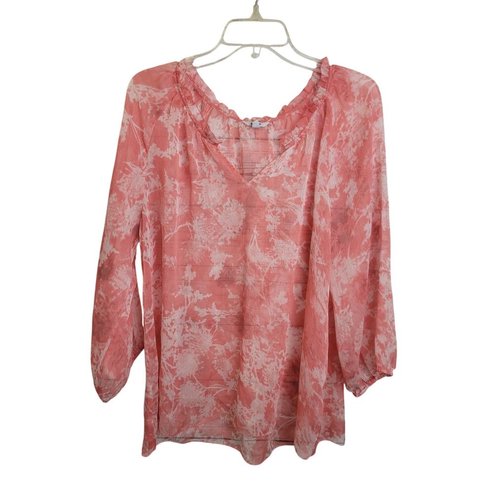 Sonoma Sheer Top Orange Floral V-Neck Ruffle‎ Balloon Sleeve Women's Size XL